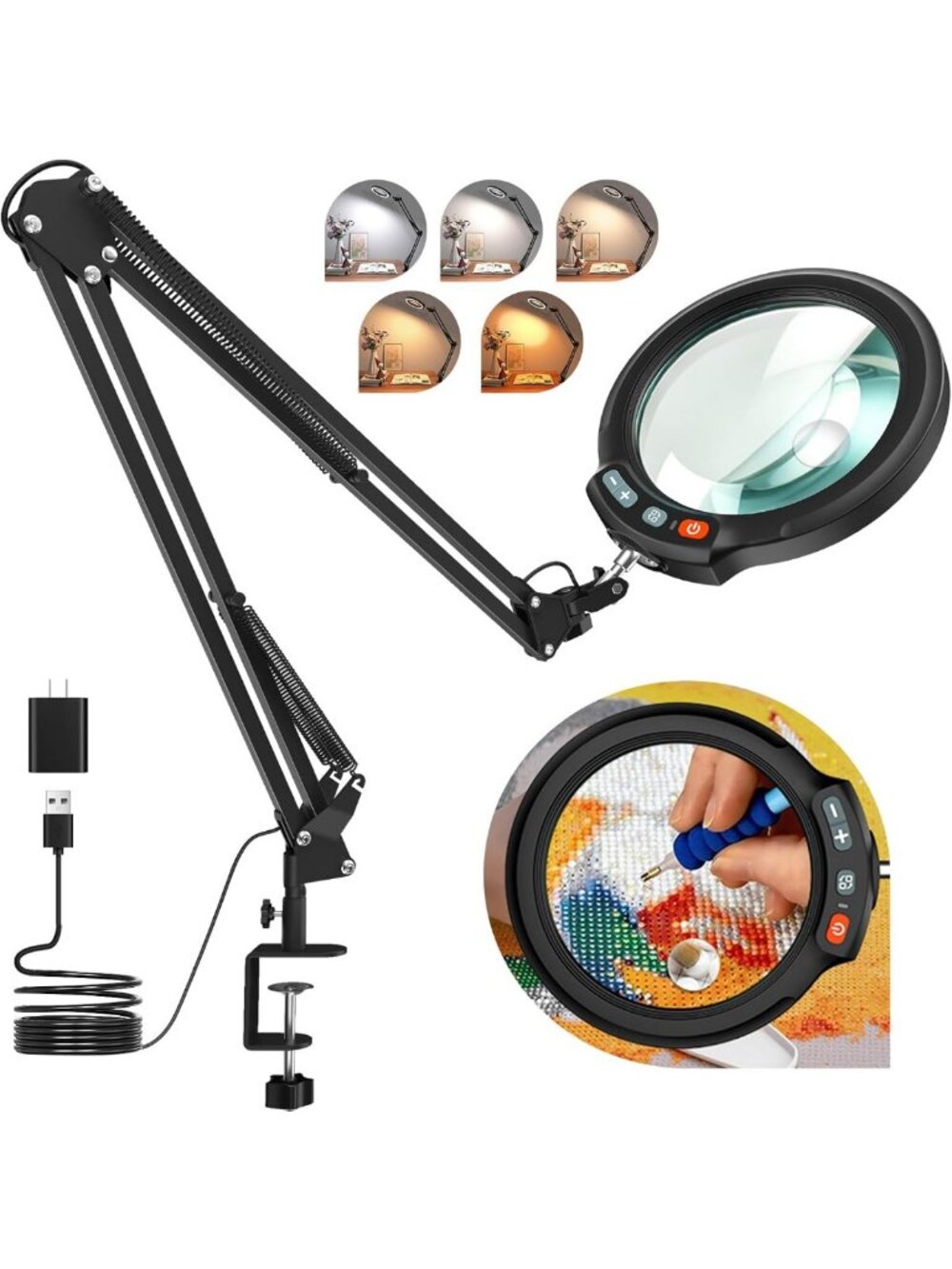 Large 30X Magnifying Glass with Light & Clamp - 5-Inch HD Lens for Crafts